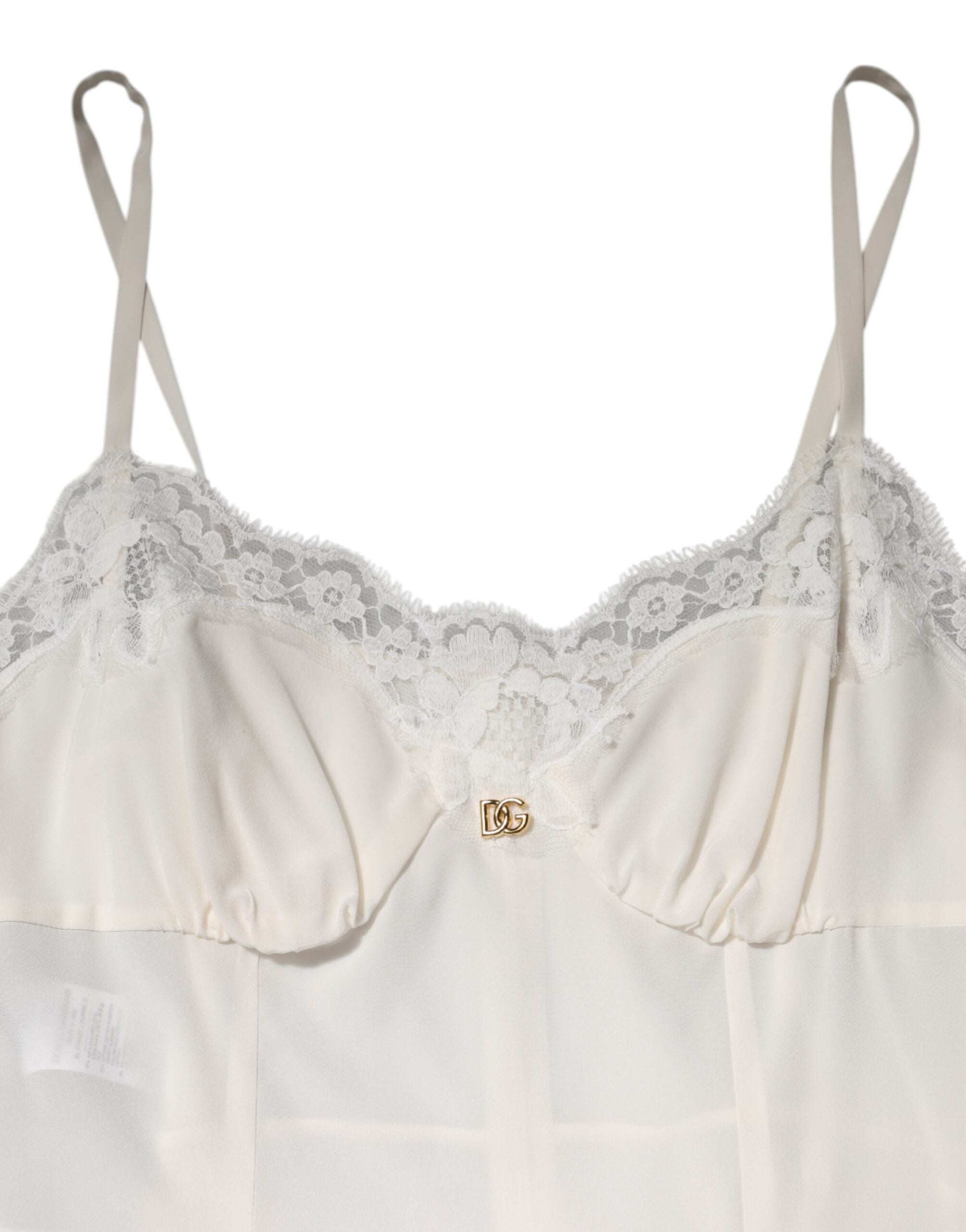 Dolce & Gabbana White Lace Gold DG Logo Silk Dress Sleepwear